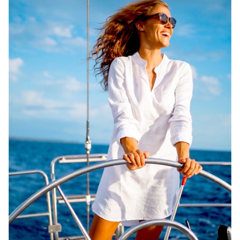 HIHO Tortola BVI White Linen Bananakeet Shirt Dress, Size M